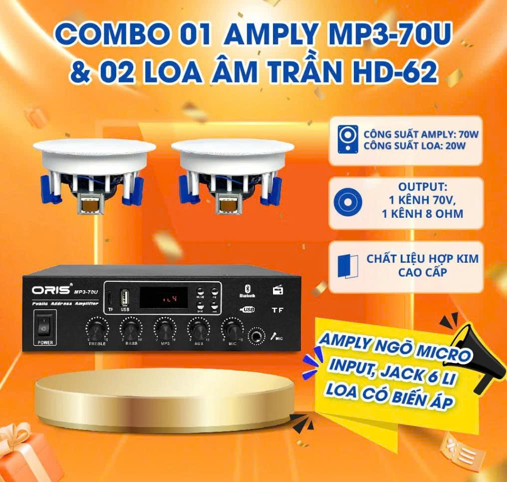 Bộ 2 loa âm trần ORIS HD-62 và amply ORIS MP3 70U cho âm thanh trong trẻo, mạnh mẽ