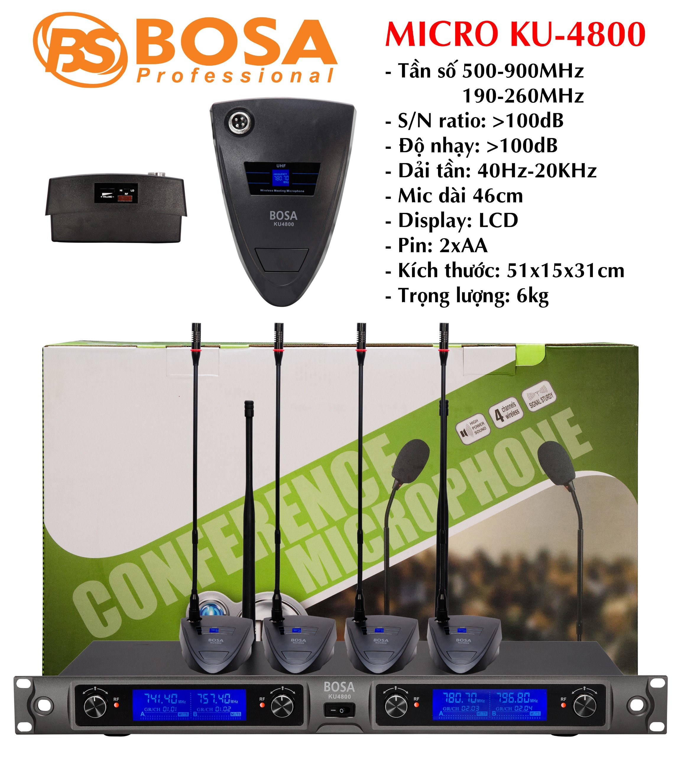 Micro không dây hội nghị Bosa KU-4800, Bộ 04 micro cổ ngỗng hộp sóng cao cấp sử dụng cho nhiều người toạ đàm
