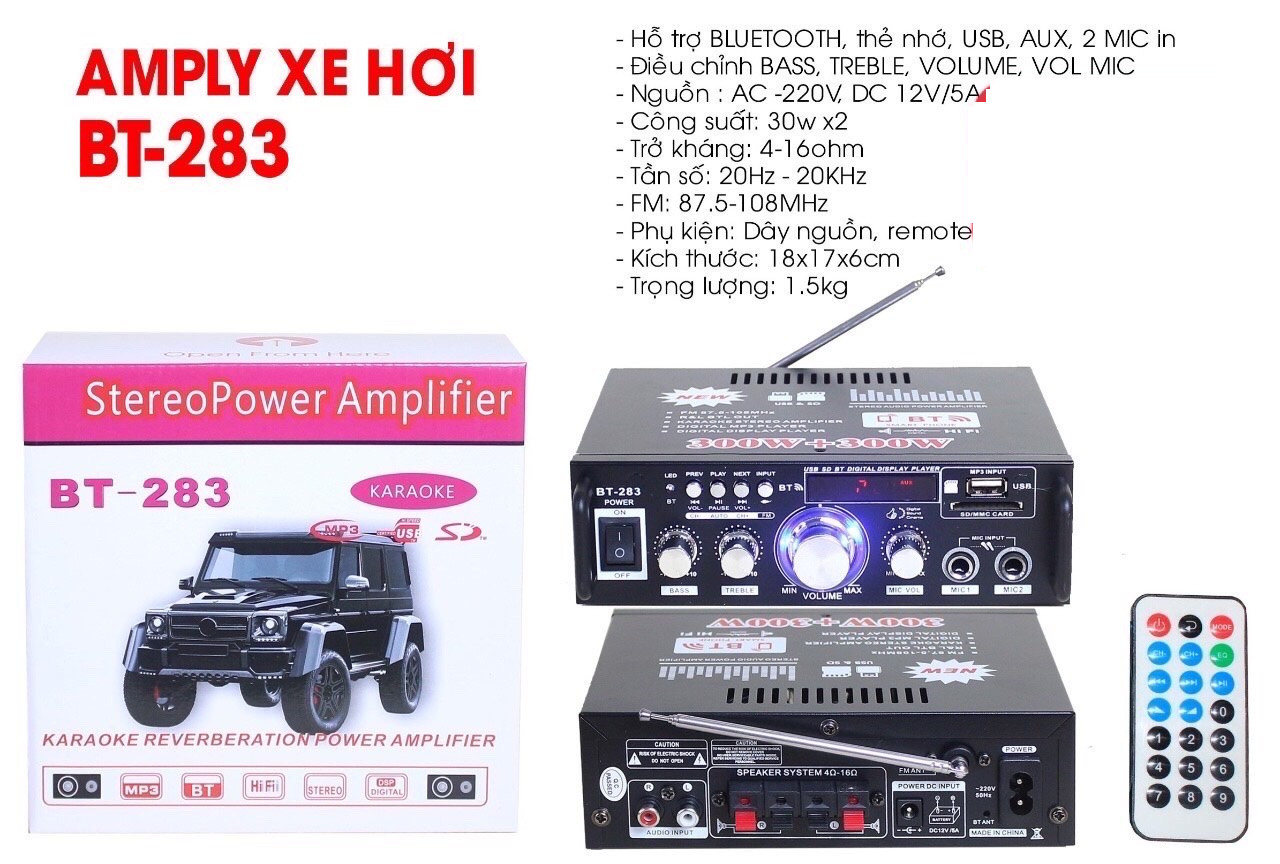 Amply Bluetooth karaoke công suất 30W BT-283 bộ khếch đại âm thanh Hifj chuyên dùng cho xe ô tô