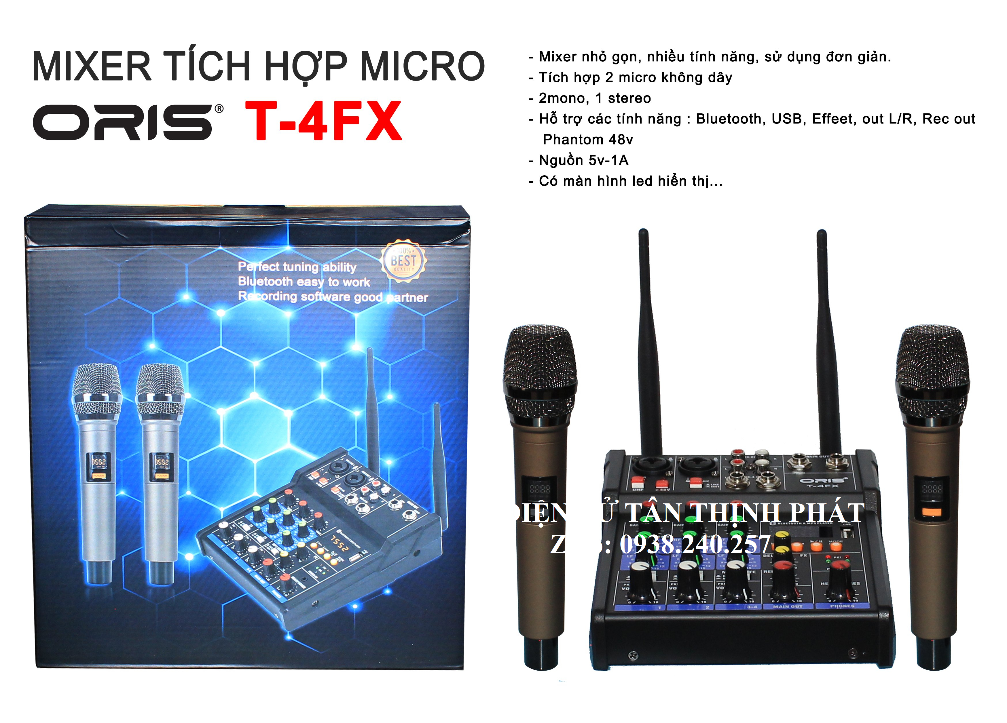 Bàn mixer karaoke tích hợp micro oris T-4FX có bluetooth, usb