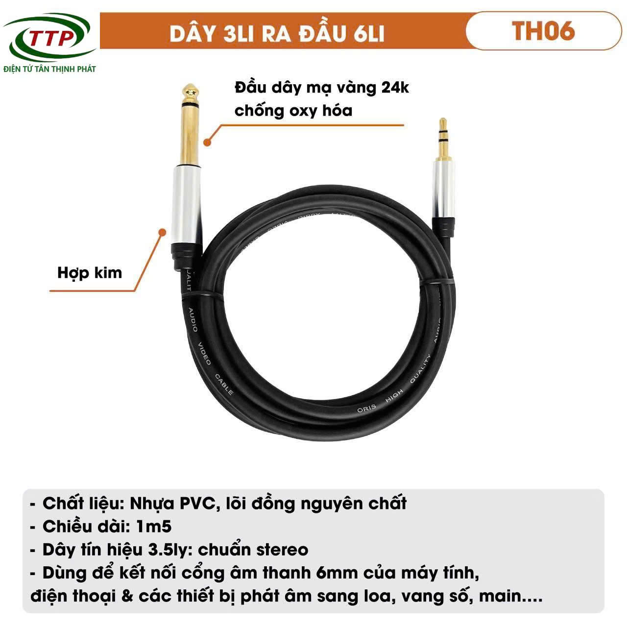 Dây tín hiệu 3 li 3.5 ra đầu 6 ly chất lượng cao, bền dài 1.5m kết nối máy tính điện thoại ra các thiết bị âm thanh