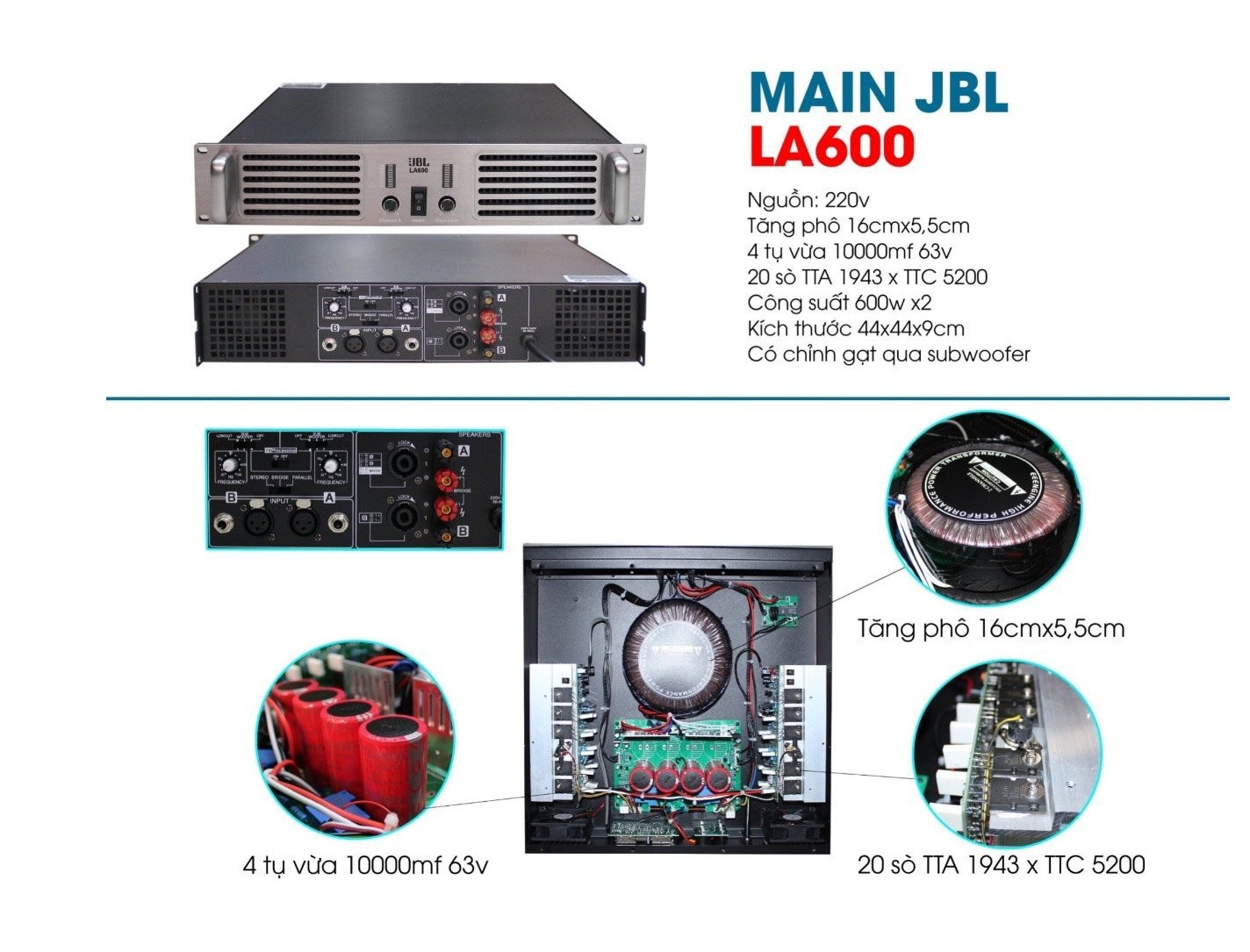 Main đẩy công suất 2 kênh công suất 600W/kênh JBL LA600, cục đẩy công suất cho dàn âm thanh sân khấu