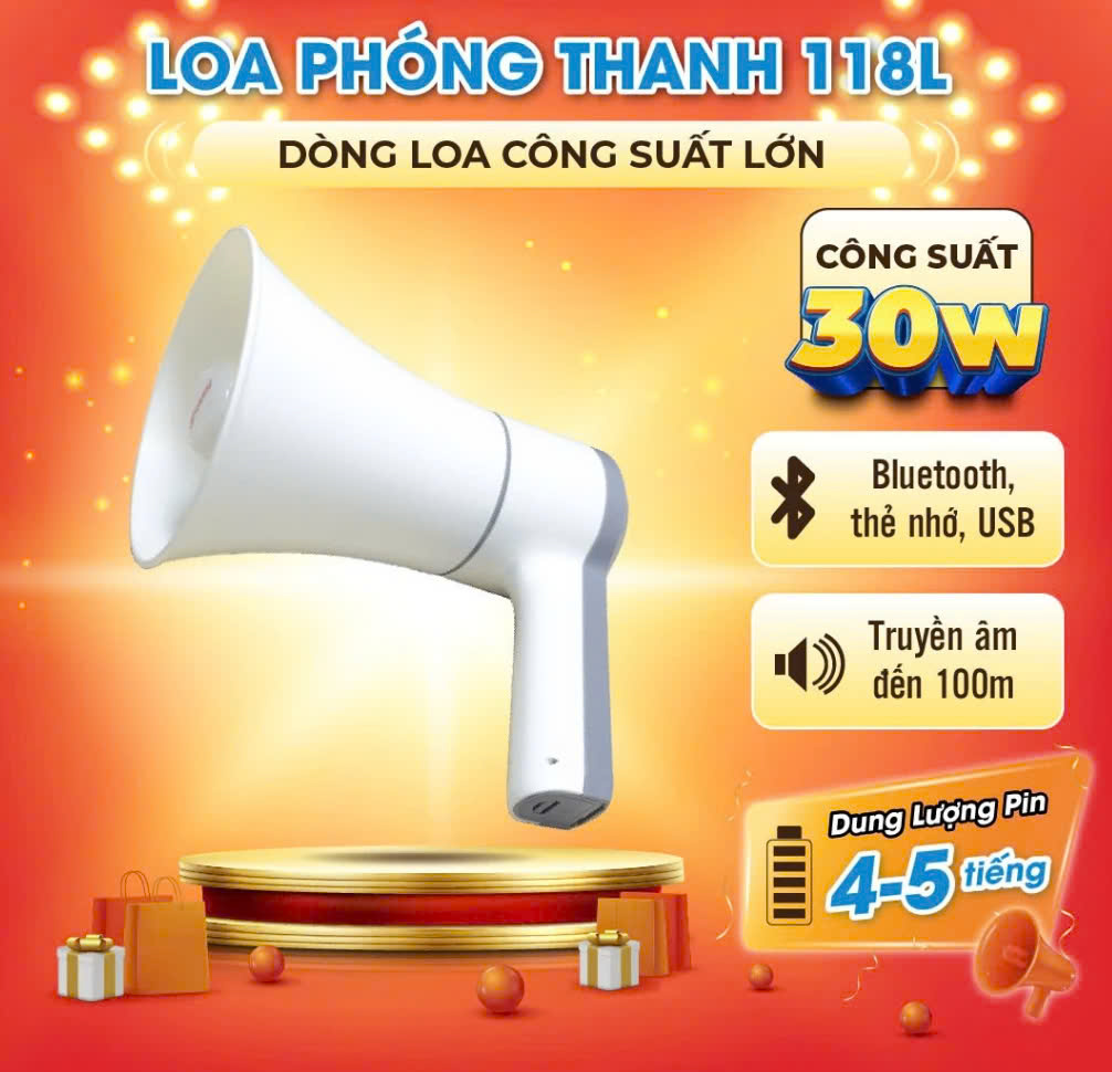 Loa cầm tay sạc điện công suất lớn Megaphone sunrise 118L có bluetooth,mp3, USB, thẻ SD, có chức năng ghi âm phát lại