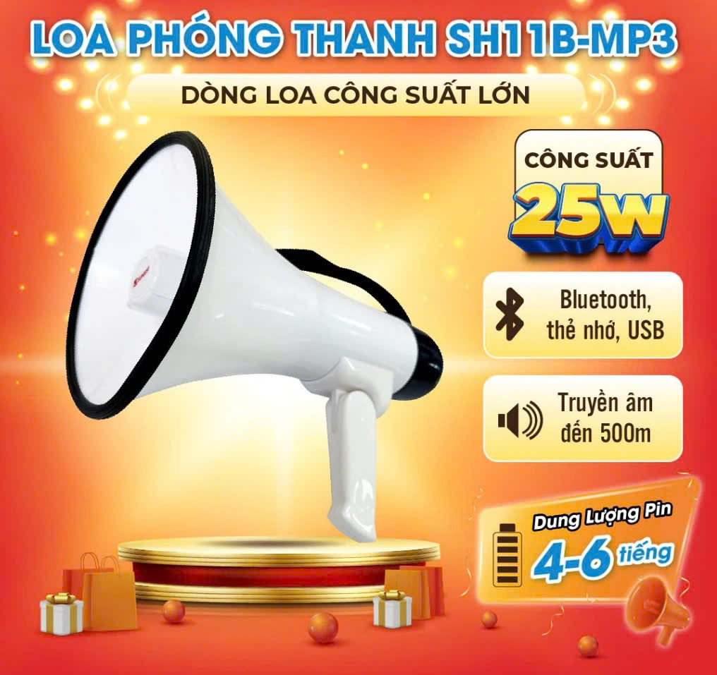 Loa phóng thanh cầm tay sunrise SH11B có mp3, đọc usb, kèm pin sạc, có ghi âm phát lại, còi báo động