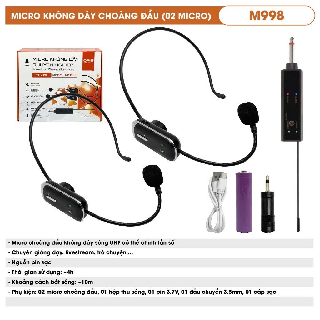 Micro không dây choàng đầu, đeo tai 2 người oris M-998 (2 mic) dùng hát karaoke, quay video, giảng dạy 