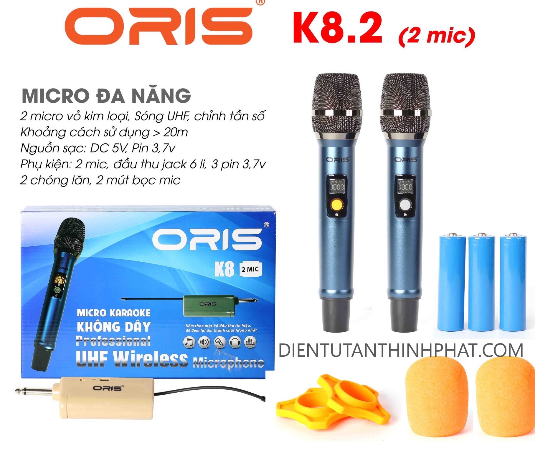 Bộ 2 micro karaoke đa năng không dây oris K8.2 sử dụng tần số UHF dùng cho loa kéo, amply, vang, mixer