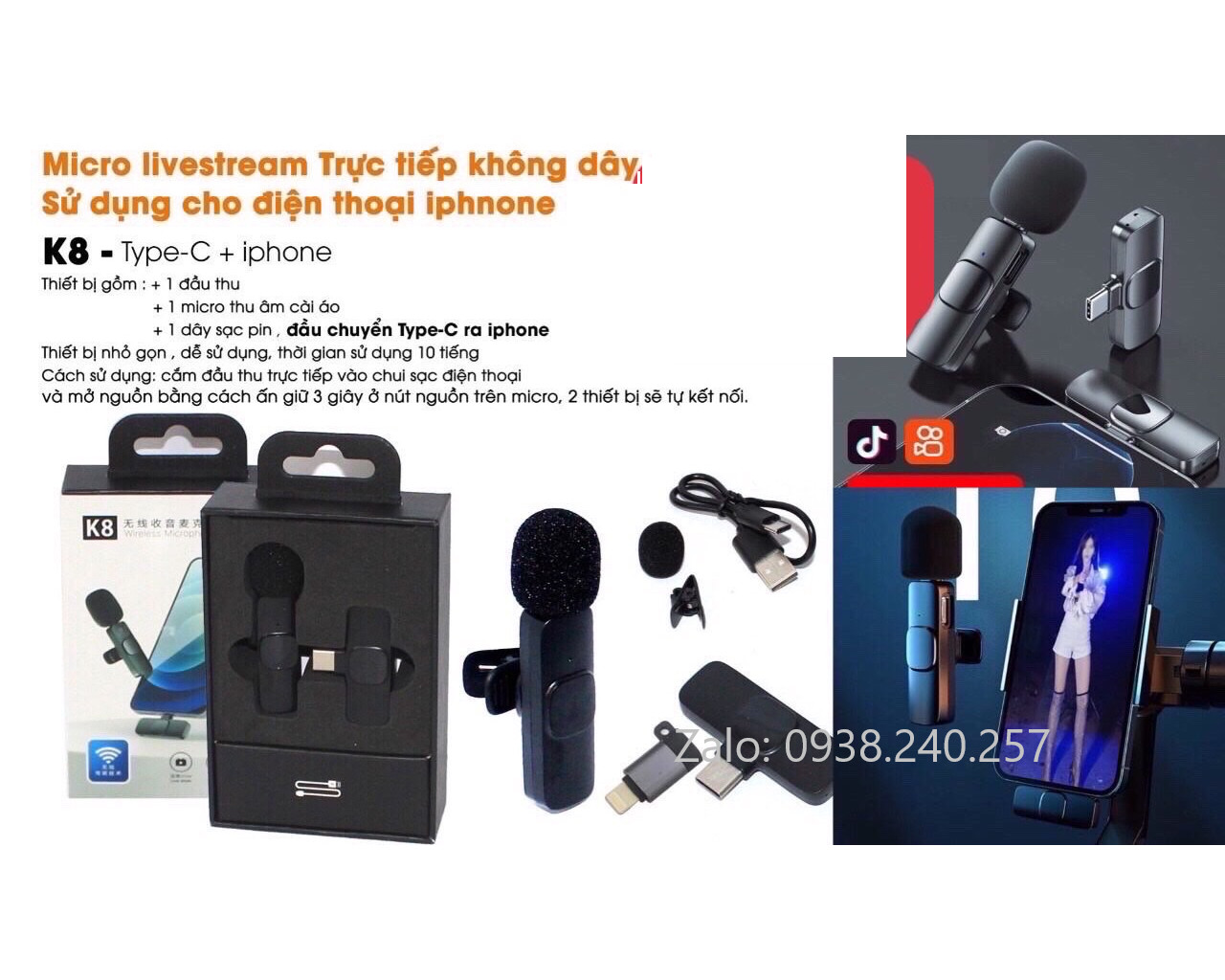 Micro thu âm bộ 01 mic livestream trực tiếp K8 cài áo nhỏ gọn, lọc tạp âm tốt, âm thanh trung thực dùng cho iphone