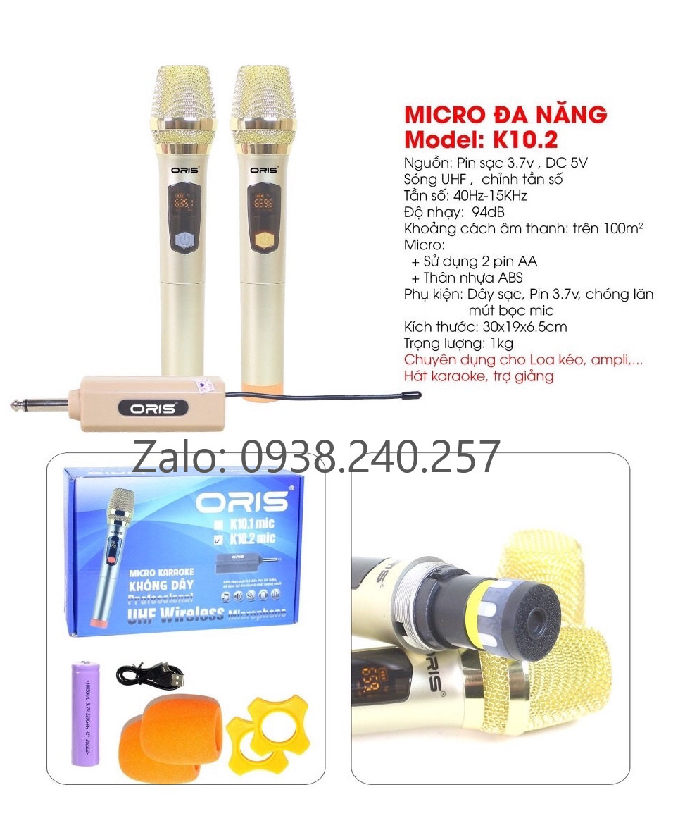 Micro karaoke không dây ORIS K10.2, mic đa năng sóng UHF chống hú, độ nhạy cao cho loa kéo, amply, mixer