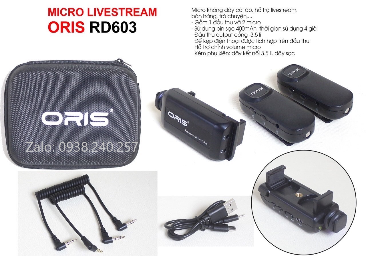 Micro livestream không dây cài áo oris RD603 dùng bán hàng, trò chuyện  cho điện thoại, máy ảnh, loa