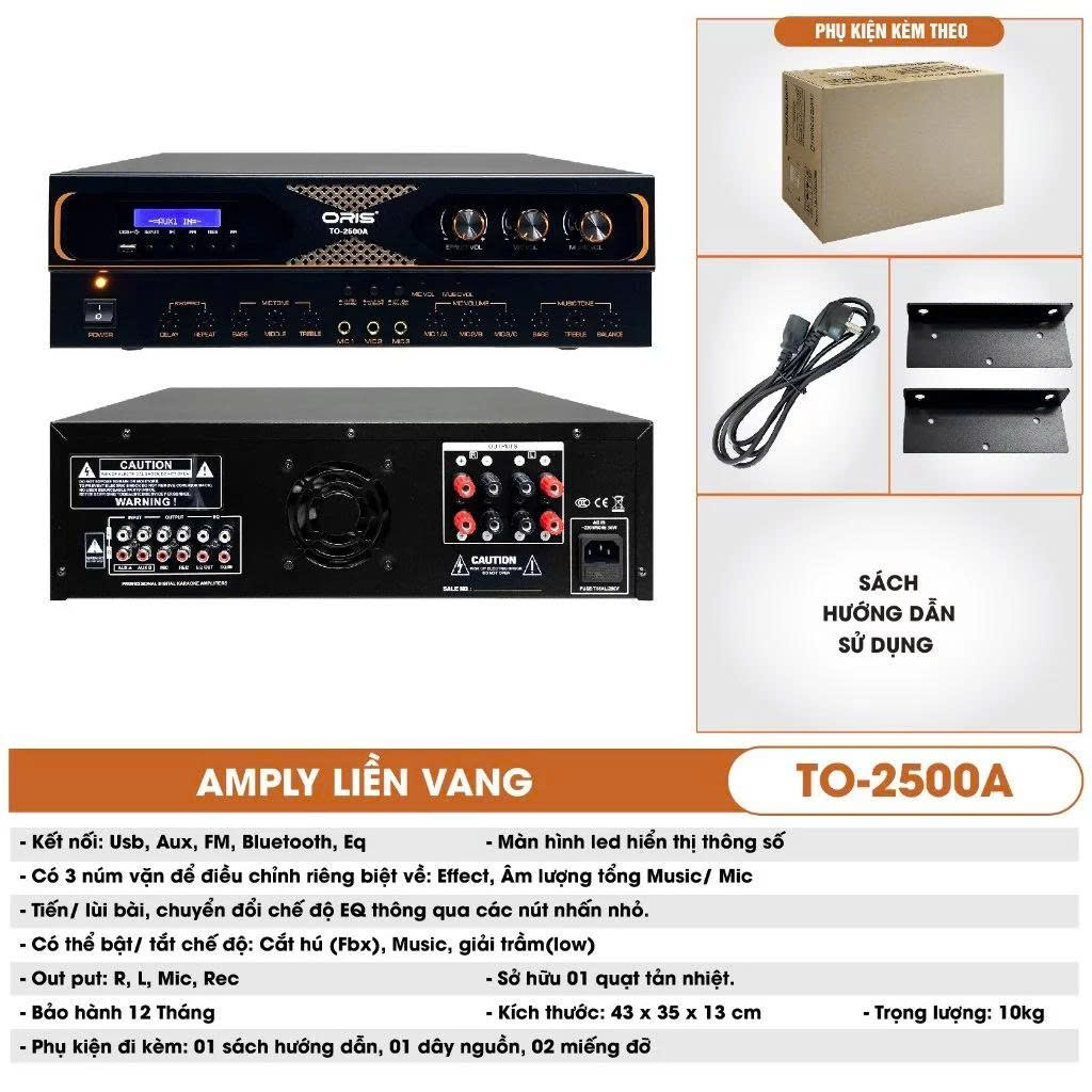 Amply liền vang cơ ORIS TO 2500A chức năng chống hú tốt, main đẩy sử dụng cho dàn karaoke gia đình