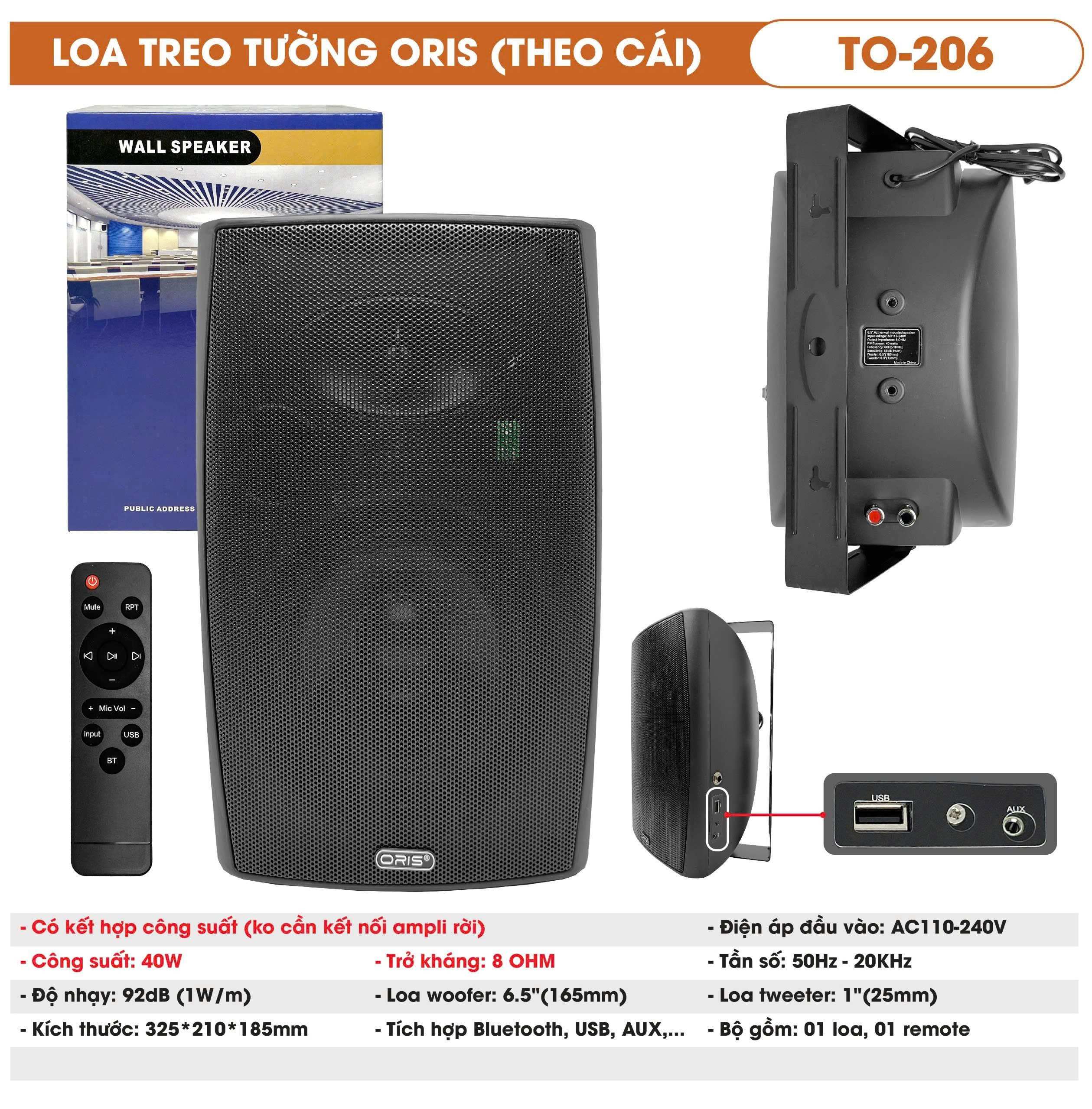 Loa Treo Tường có kết hợp công suất chính hãng Oris TO-206, công suất 40W, Chuyên Dụng Cho Quán Cafe, Nhà Hàng, Salon Tóc, Viện Thẩm Mỹ,..