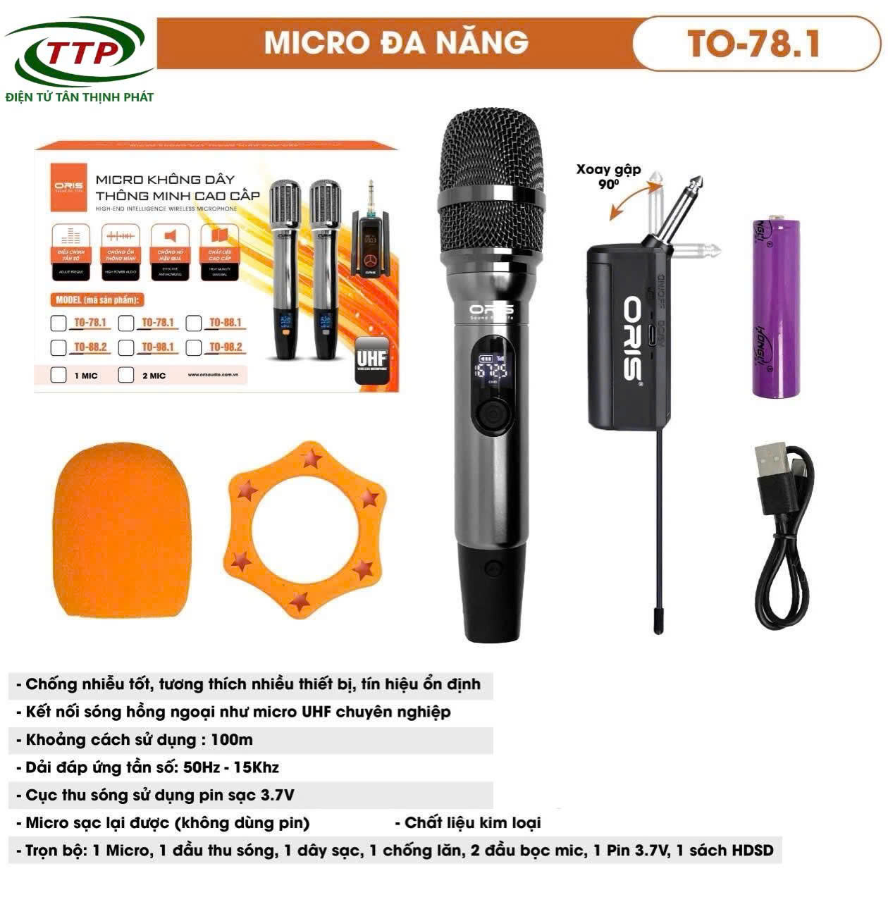 Micro Đa Năng Không Dây Oris TO 78.1 UHF Chống Nhiễu, Tín Hiệu Ổn Định, Pin Sạc, Thân Kim Loại