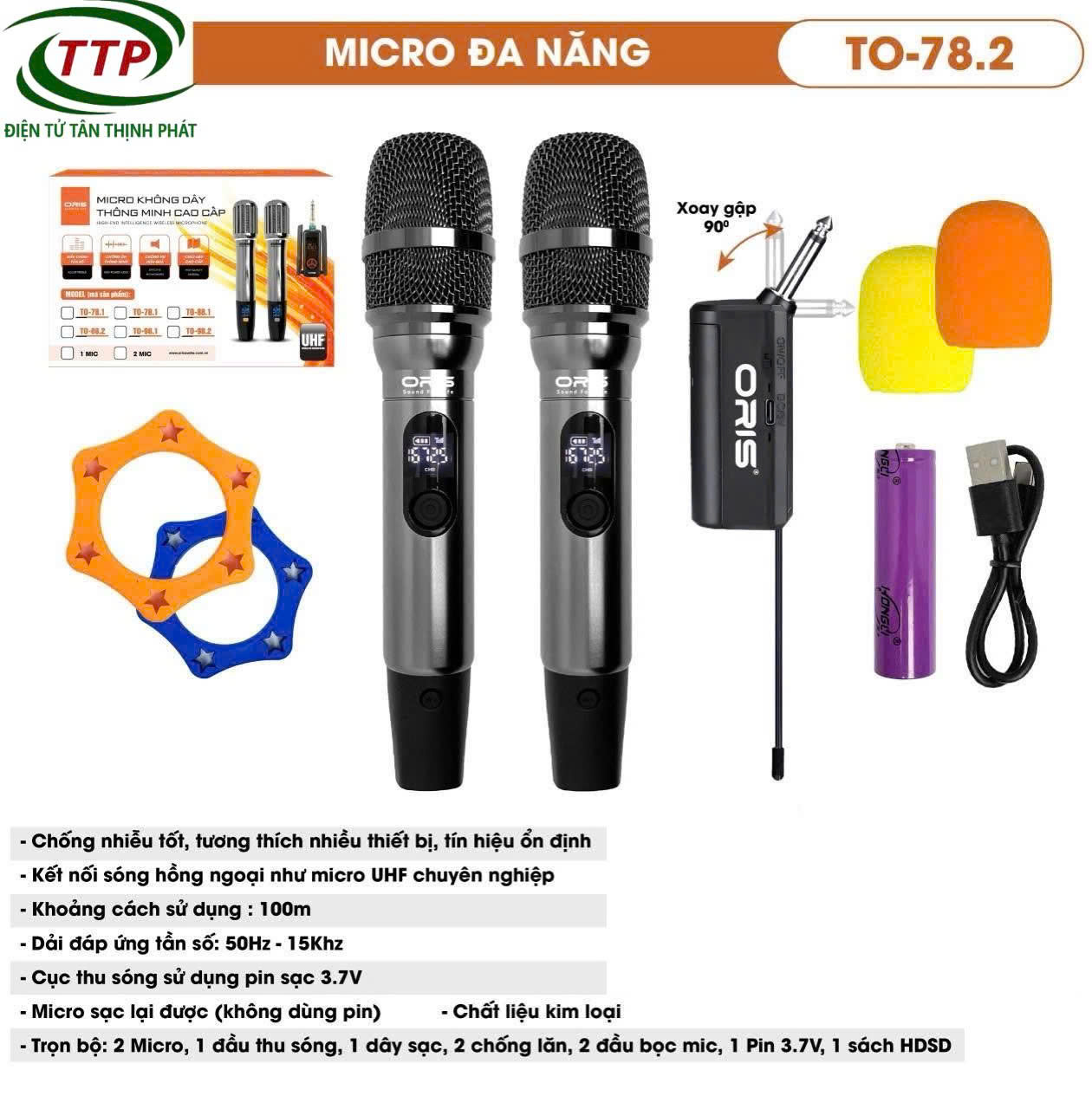 Micro Đa Năng Không Dây Oris TO 78.2 UHF Chống Nhiễu, Tín Hiệu Ổn Định, Pin Sạc, Thân Kim Loại
