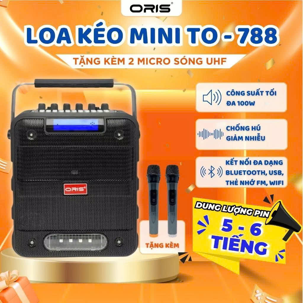 Loa karaoke blutooth công suất lớn ORIS TO-788 bass 20cm, loa kẹo kéo tặng kèm 02 mic sóng UHF hát rất nhẹ và hay