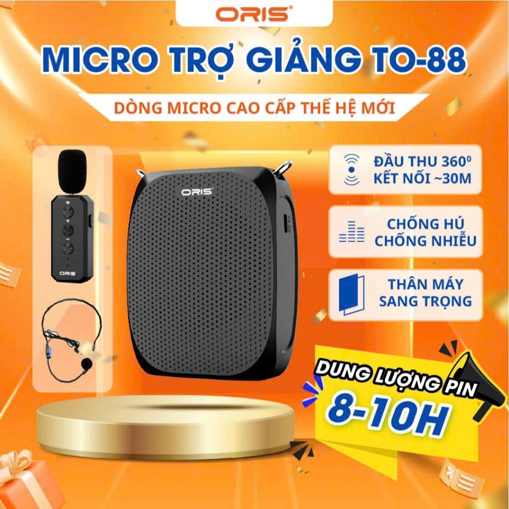 Máy trợ giảng không dây ORIS TO-88 kèm 1 micro cài áo, 1 micro choàng đầu có dây tích hợp Echo giúp giọng trong, sáng hơn
