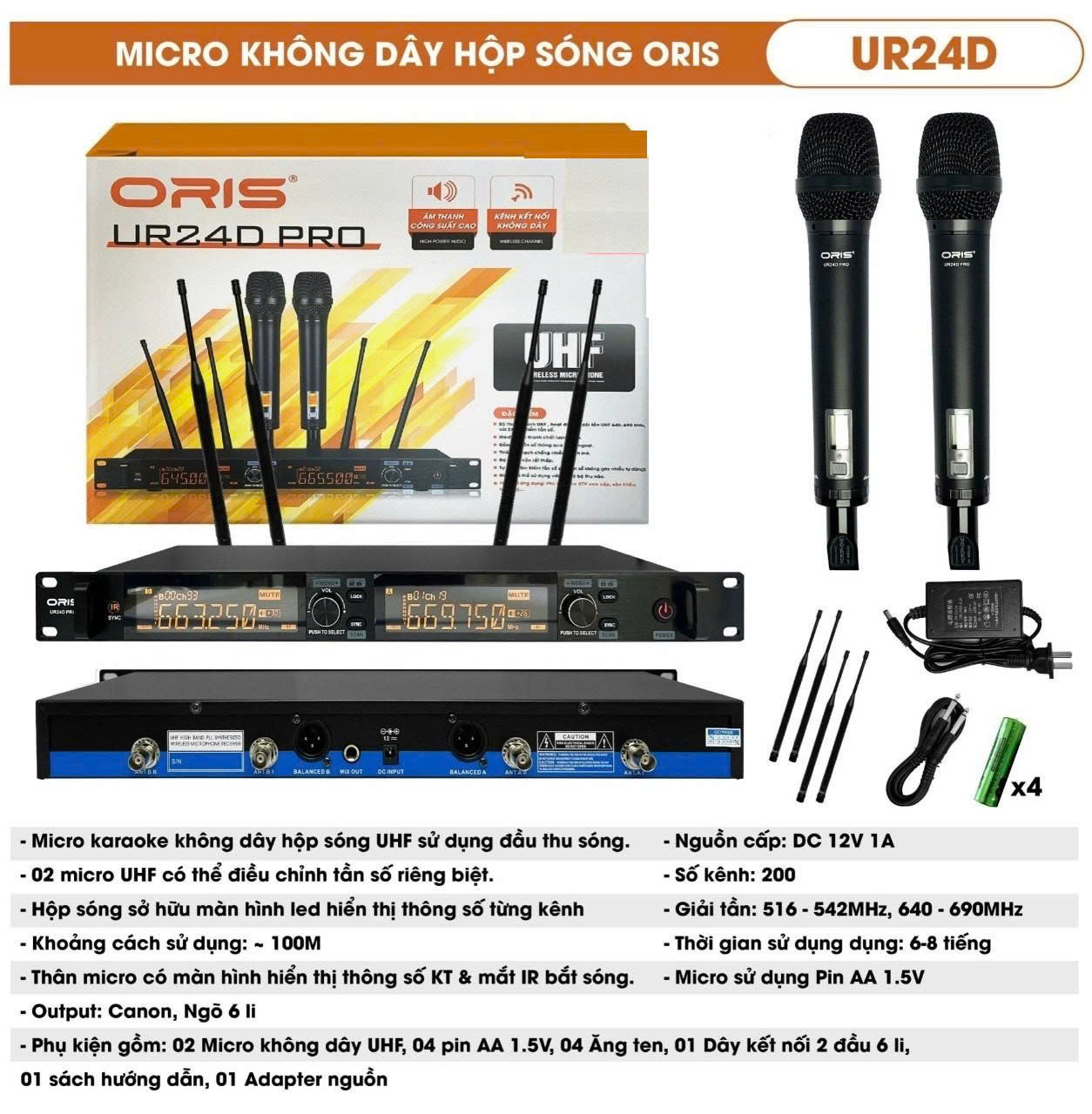 Micro karaoke không dây chính hãng ORIS UR24D hát nhẹ, hút giọng, âm thanh trung thực