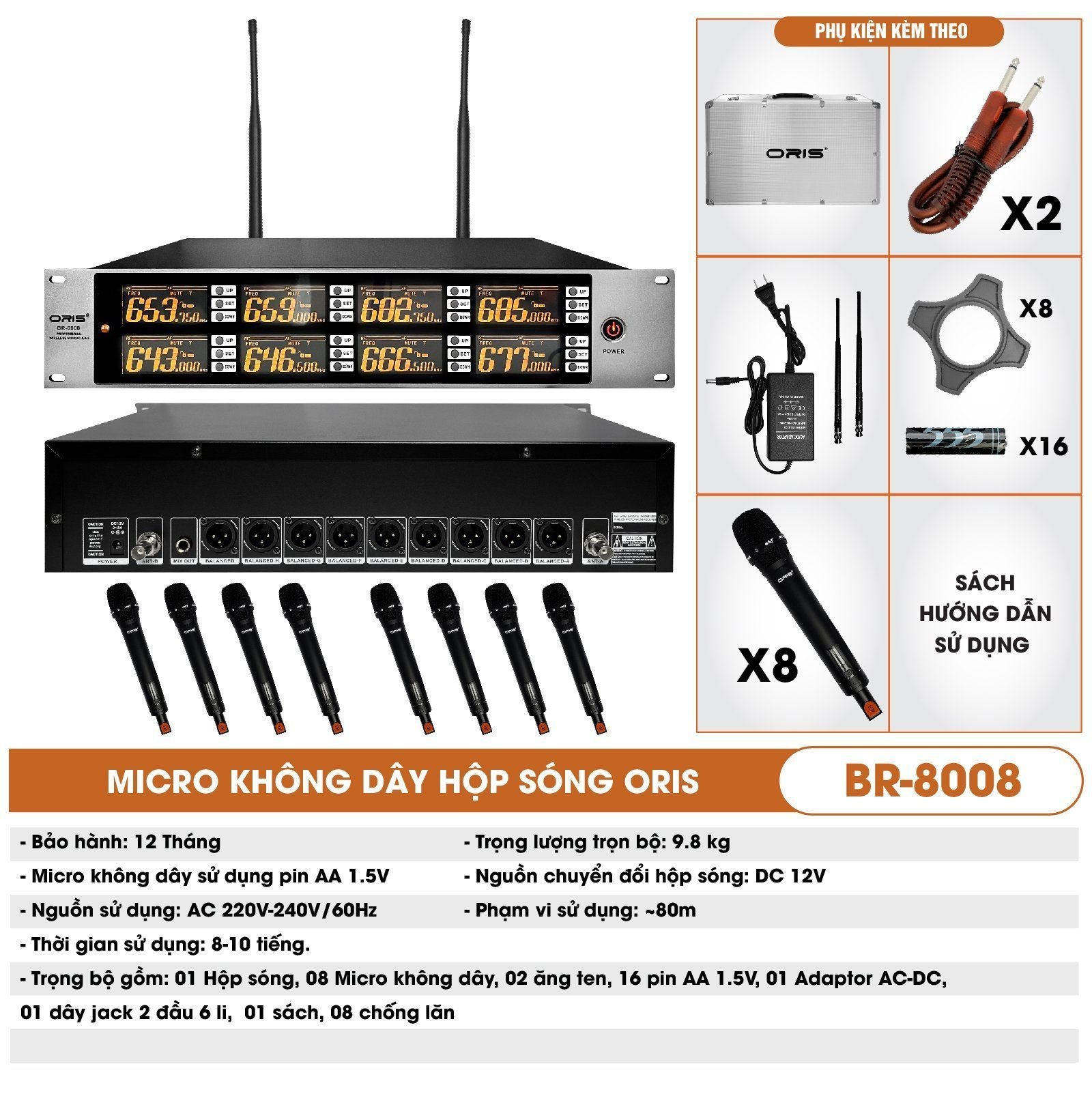Micro không dây karaoke ORIS BR 8008 - Dành cho tóp ca, đoàn ca, Mic không dây BRR-8008 có chất lượng âm thanh tuyệt vời, khả năng truyền âm thanh ổn định
