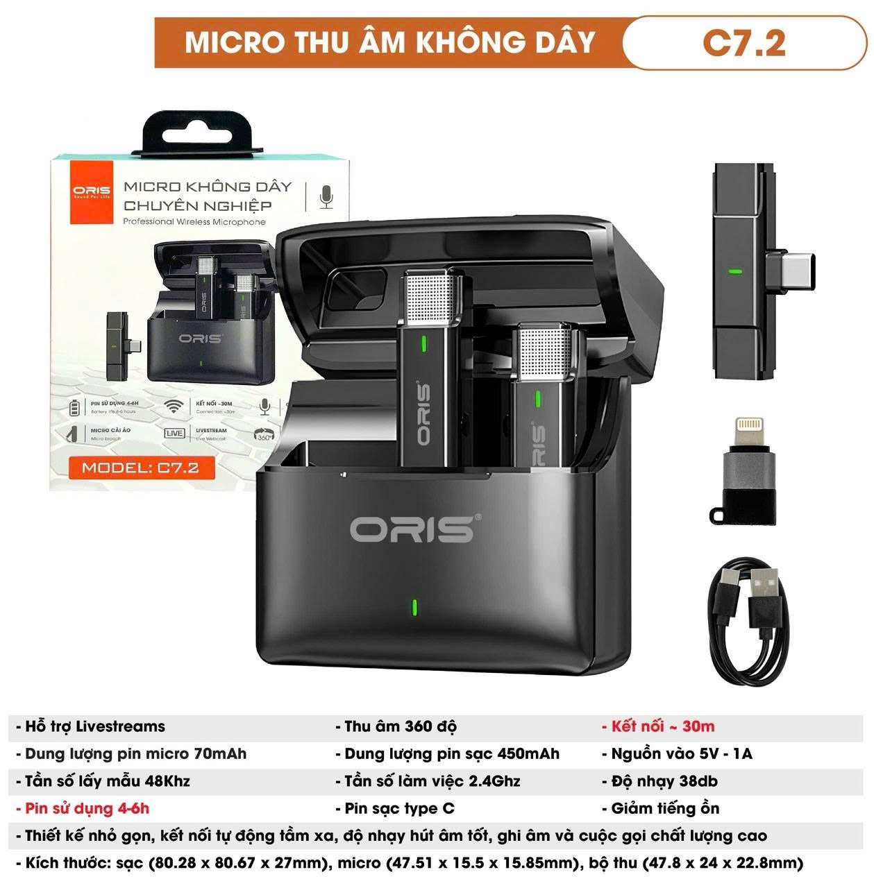 Micro thu âm không dây Oris C7.2 dành cho điện thoại, máy ảnh, PC, Laptop,... cho khả ngăn kết nối xa, bắt âm tốt