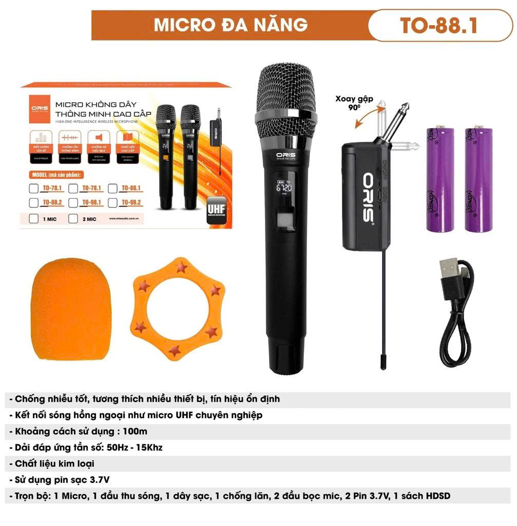 Micro Đa Năng Không Dây Oris TO 88.1 UHF Chống Nhiễu, Tín Hiệu Ổn Định, Pin Sạc, Thân Kim Loại