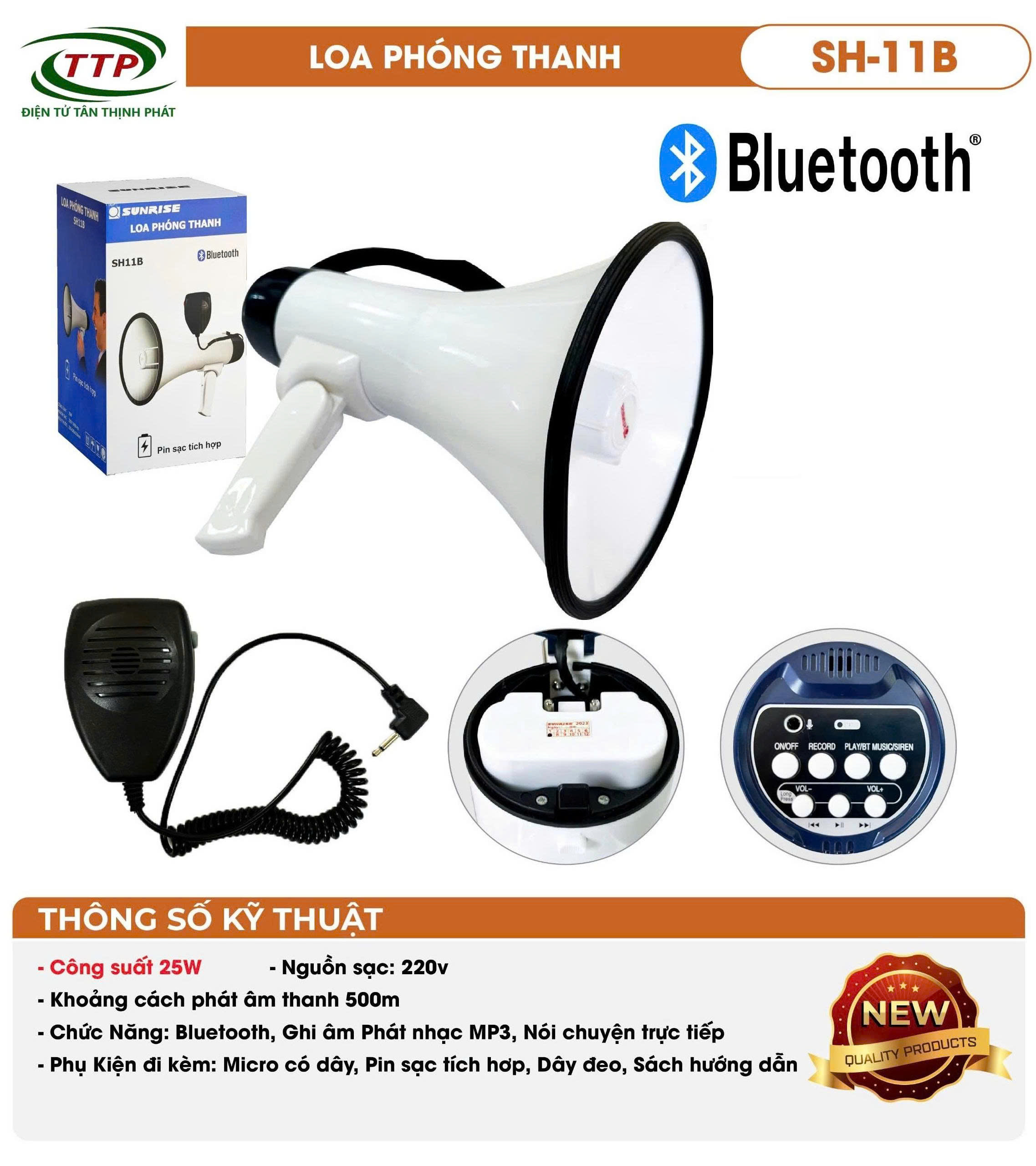 Loa phóng thanh cầm tay sunrise SH11B có kèm pin sạc điện , thu tiếng phát lại, có bluetooth
