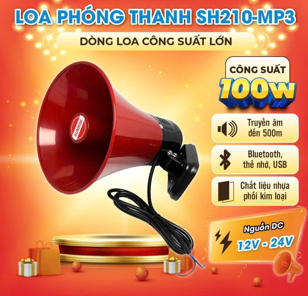 Loa phóng thanh chạy bình acquy 12v sunrise SH210-MP3 di động lắp xe máy rao bán hàng hiệu quả cao công suất lớn 100W