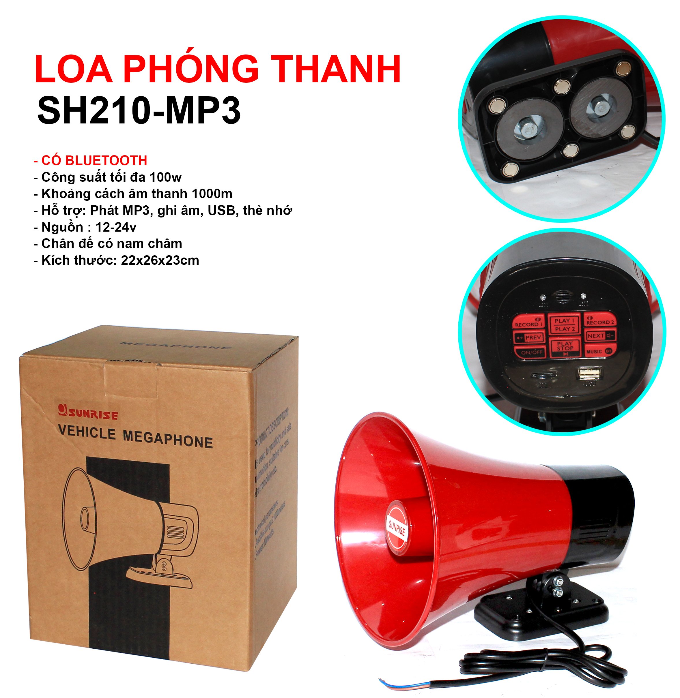 Loa phóng thanh chạy bình acquy 12v sunrise SH210-MP3 di động lắp xe máy rao bán hàng hiệu quả cao cống suất lớn 100W