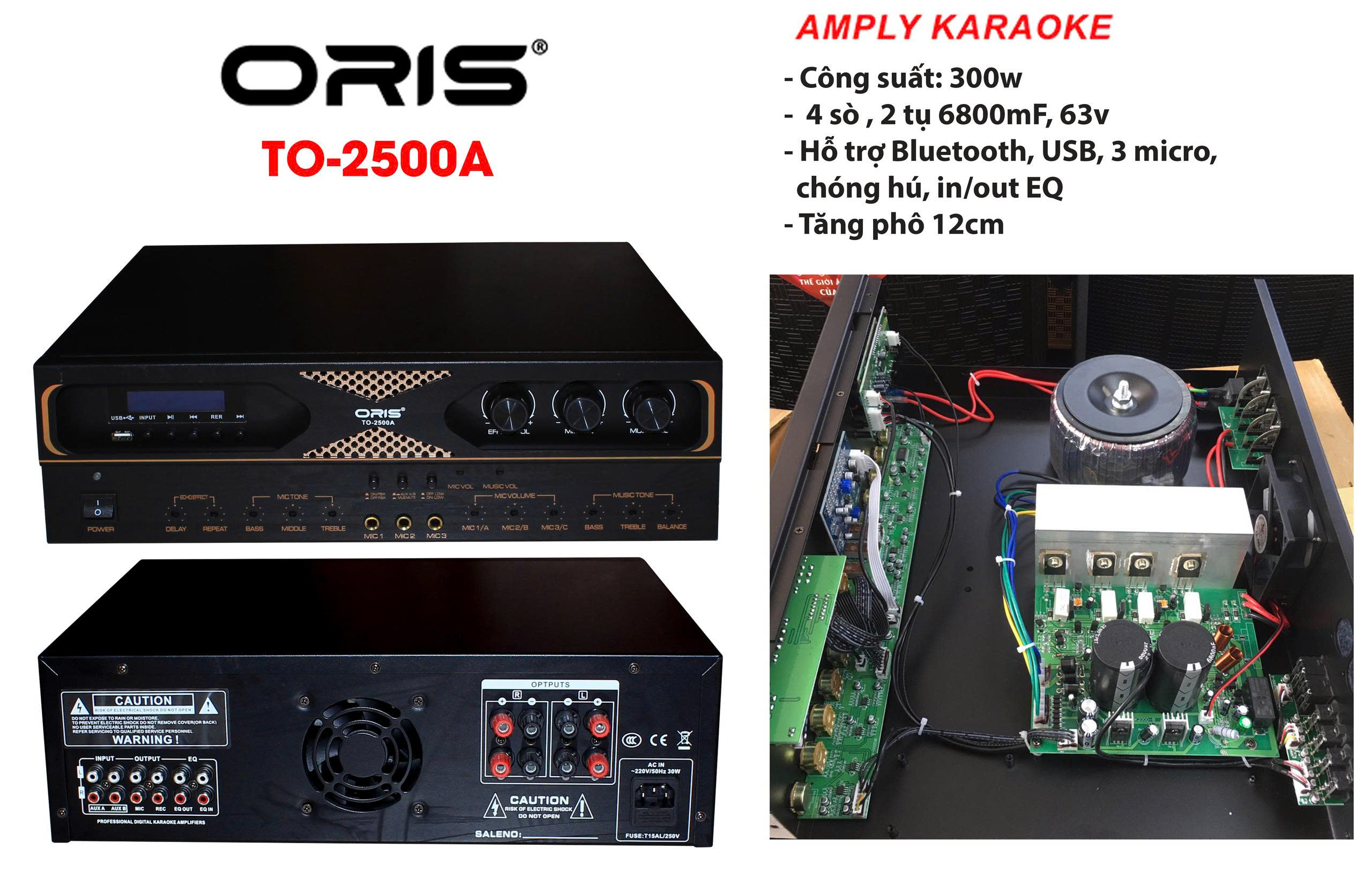 Amply liền vang cơ ORIS TO 2500A chức năng chống hú tốt, main đẩy sử dụng cho dàn karaoke gia đình