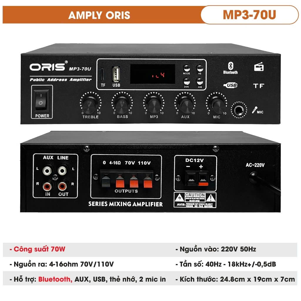 Amply loa phóng thanh công suất 70W chính hãng Oris MP3-70U (không chia kênh)