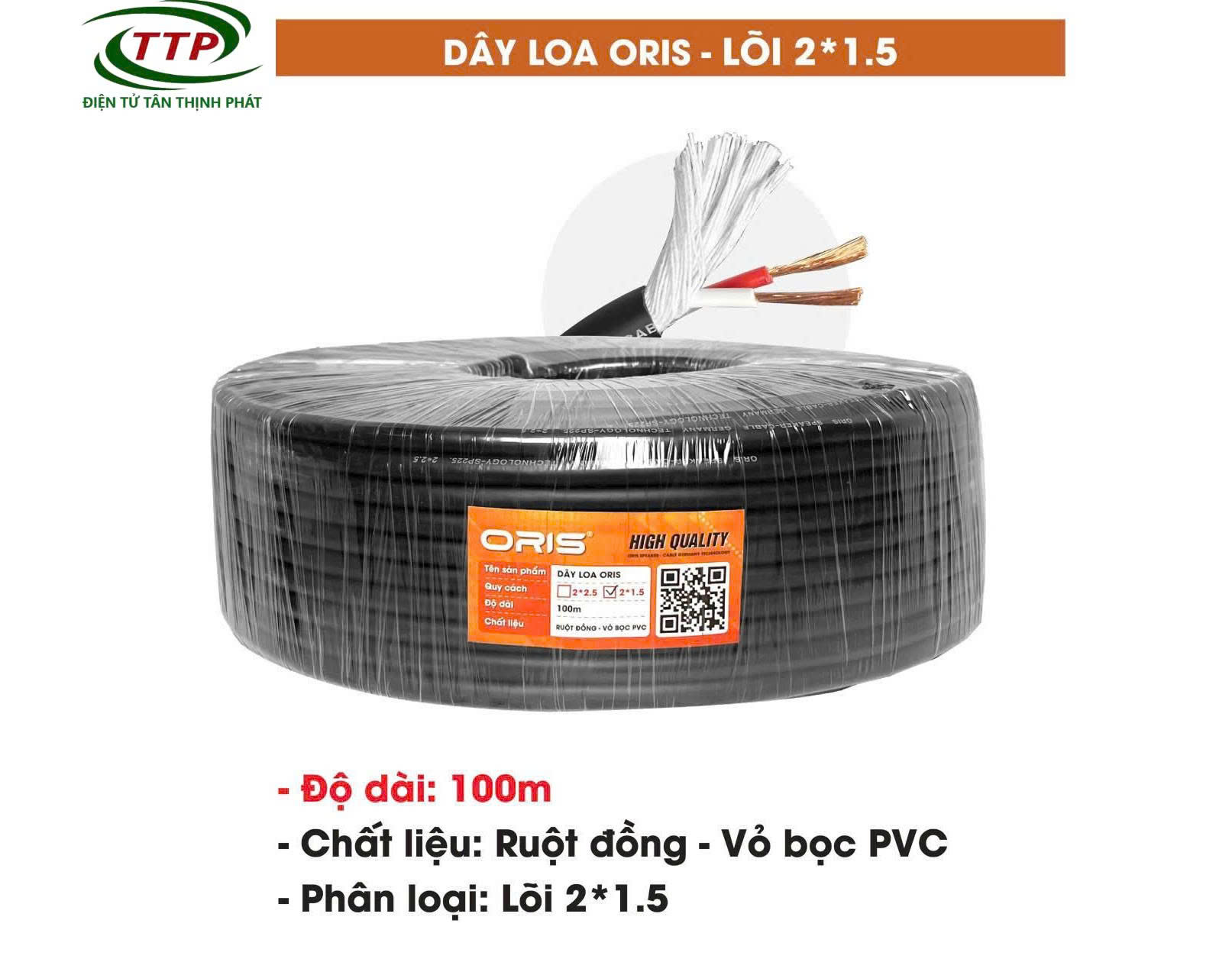 Dây loa ruột đồng lõi 2x1.5 vỏ bọc PVC cuộn dài 100m