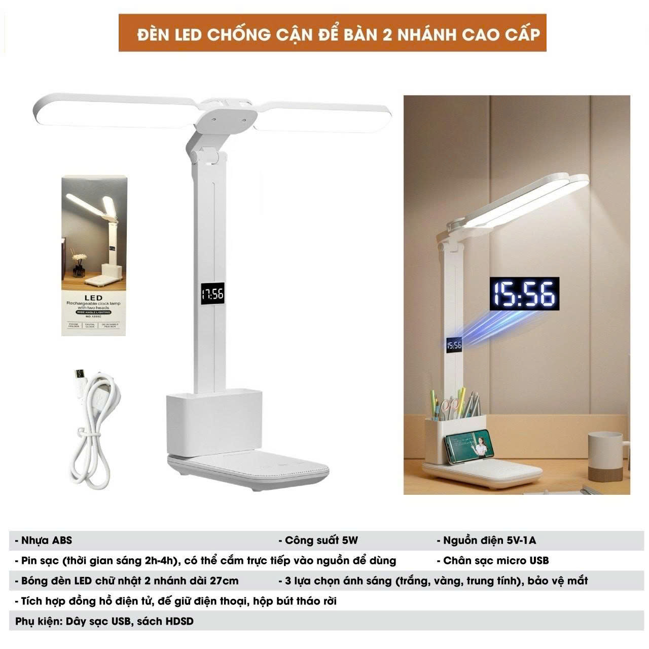 Đèn học để bàn cảm ứng bảo vệ mắt, LED chống cận 3 chế độ sáng, dùng đọc sách, làm việc