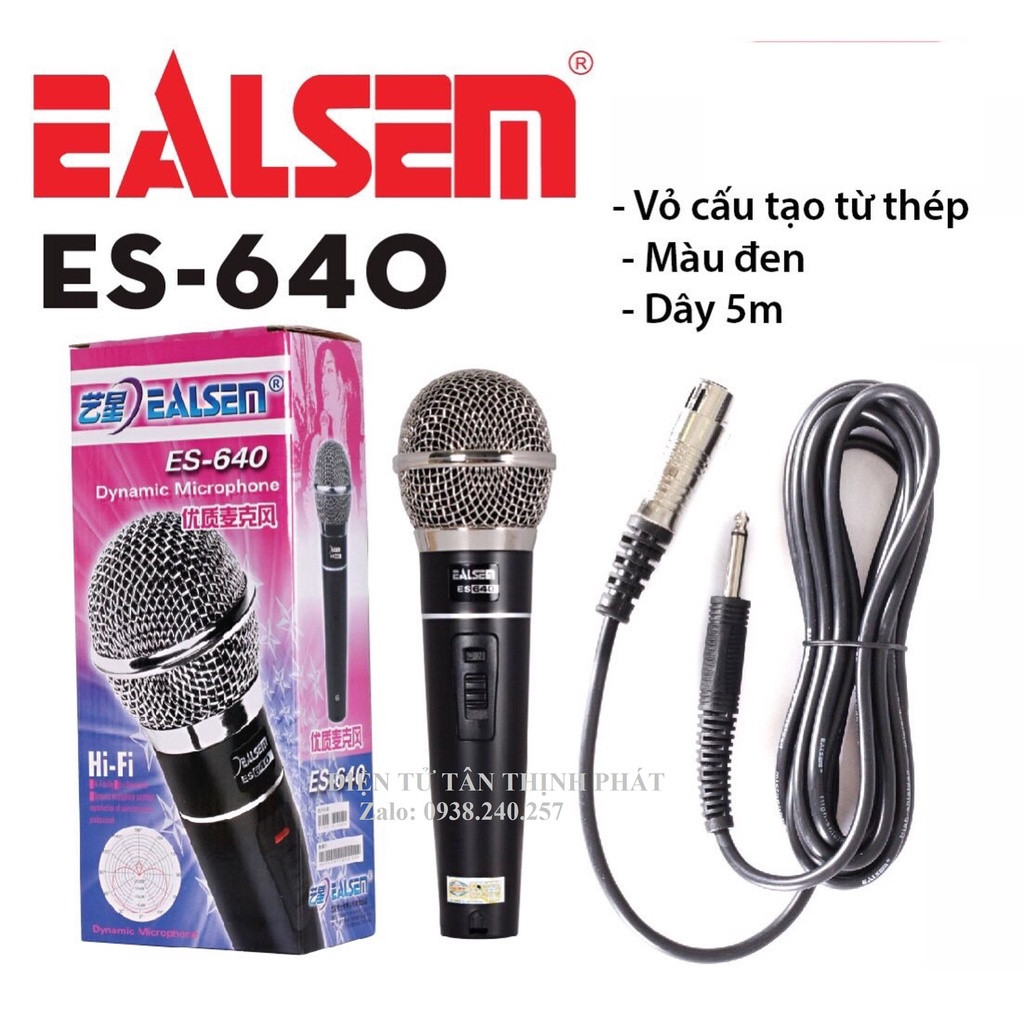 Micro có dây karaoke ealsem es-640 đầu mic chất lượng cao, thân kim loại kèm dây zin dài 5m chống gãy bền bỉ