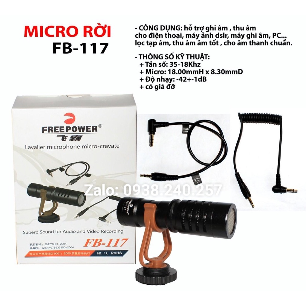 Micro thu âm kẹp áo FB-117 lọc tạp âm, thu âm cực tốt Jack 3.5mm và 6 ly dùng cho điện thoại, máy ảnh, PC