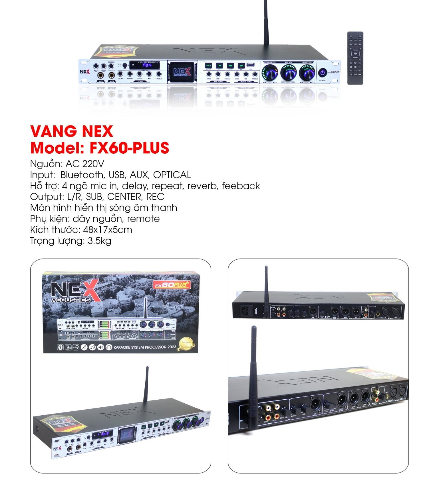Vang karaoke cao cấp Nex FX60 plus có echo + Reverb có usb, bluetooth, optical kèm remote