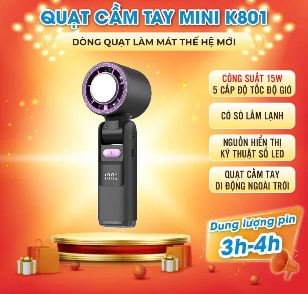 Quạt Cầm Tay Mini K801, Công Suất 15W, Giải Nhiệt Nhanh Chóng Với 5 Chế Độ Gió và Pin Bền Bỉ, tính Năng Vượt Trội