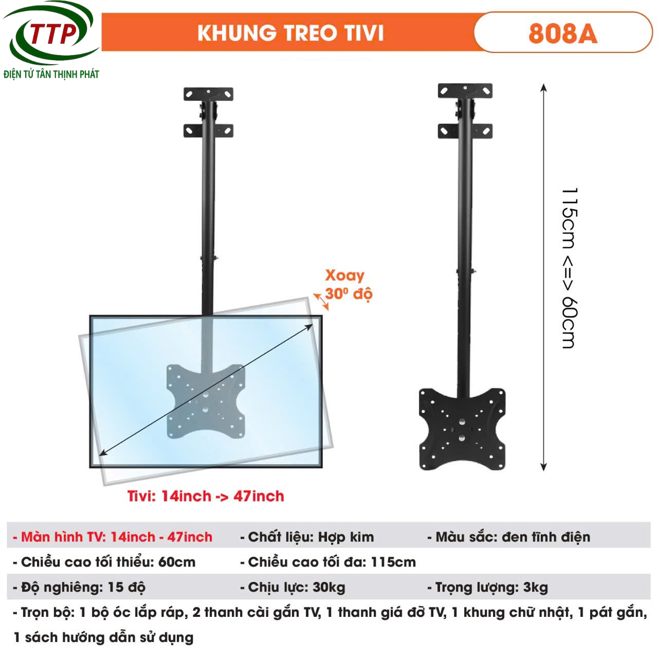 Khung treo tivi 808A cho màn hình 14-47 inch, Điều chỉnh độ cao 60cm -115cm - Chịu lực 30kg Khung hợp kim chắc chắn