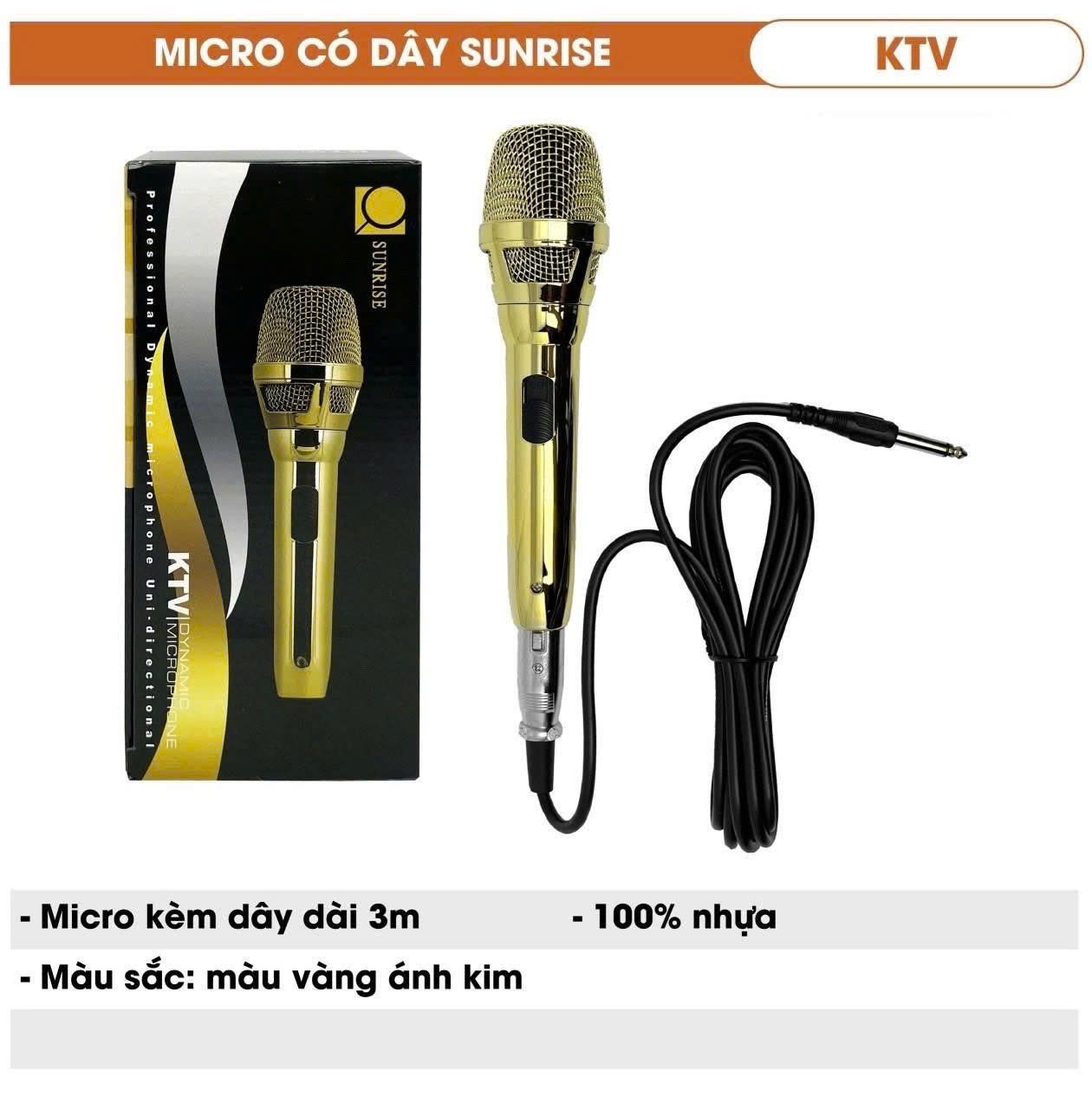 Micro karaoke có dây chính hãng SUNRISE KTV hát nhẹ, hút giọng, mic kèm dây zin dài 3m chống gãy bền bỉ