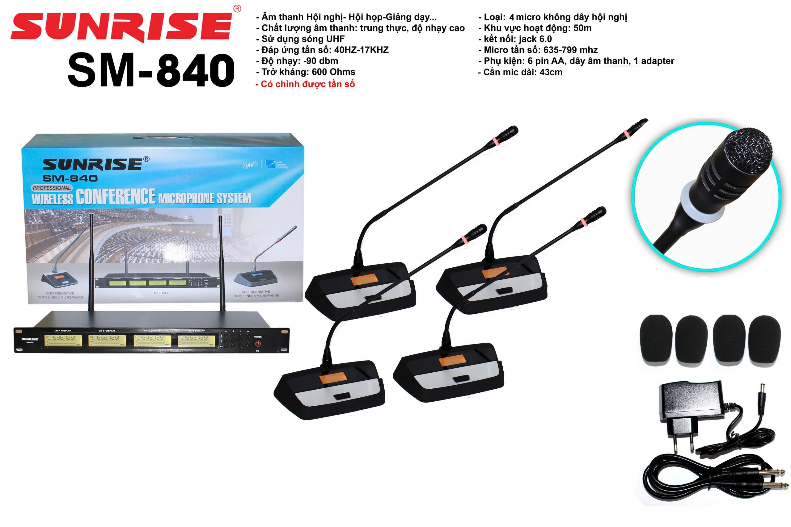Micro hội nghị không dây sunrise sm-840, Bộ 04 micro cổ ngỗng hộp sóng cao cấp sử dụng cho nhiều người toạ đàm
