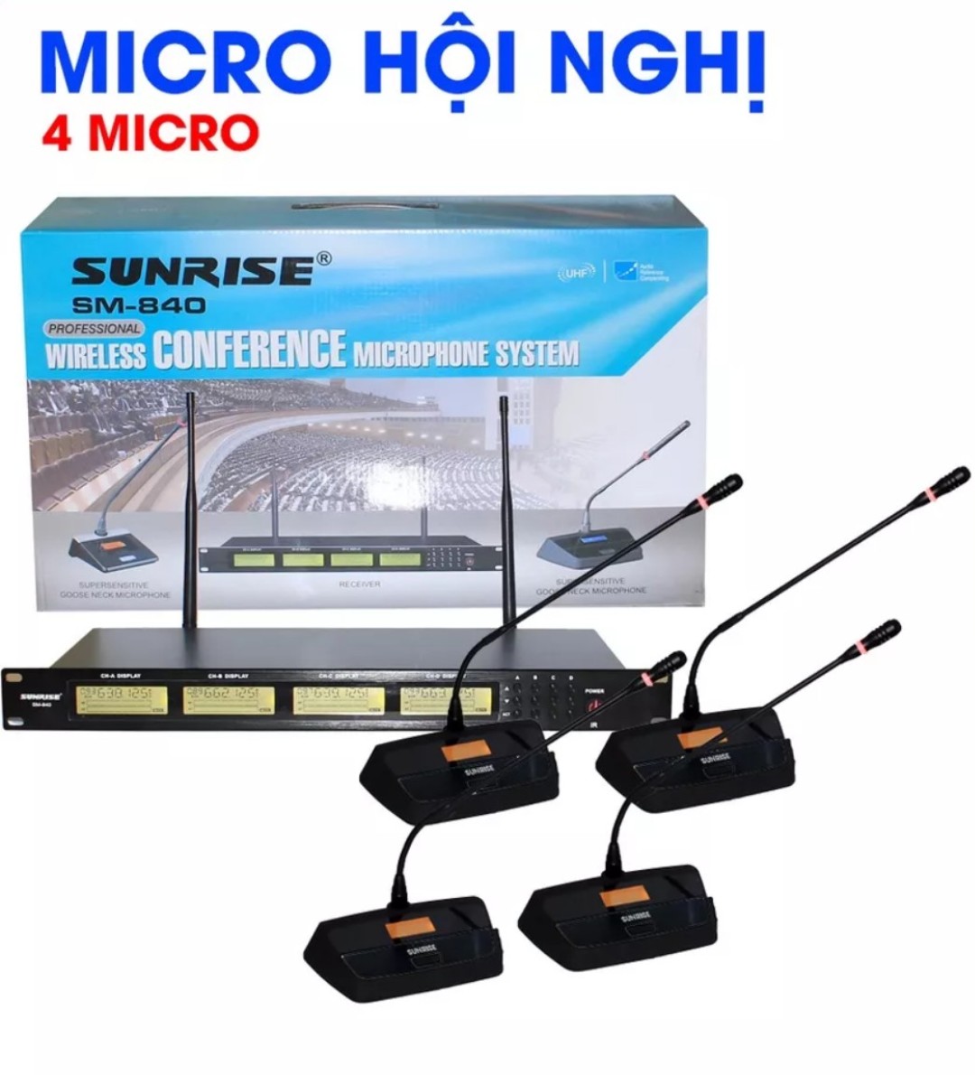Micro hội nghị không dây sunrise sm-840, Bộ 04 micro cổ ngỗng hộp sóng cao cấp sử dụng cho nhiều người toạ đàm