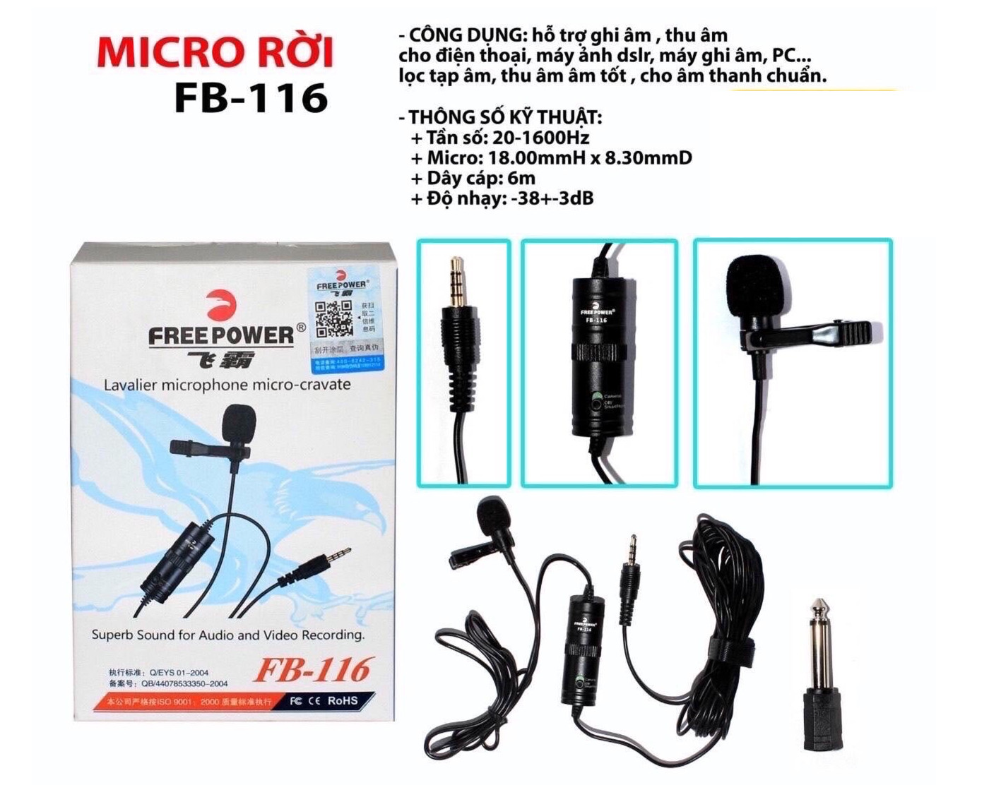 Micro rời cài áo hỗ trợ ghi âm, thu âm cho điện thoại, máy tính bảng, máy ảnh, pc, laptop FreeFower FB-116