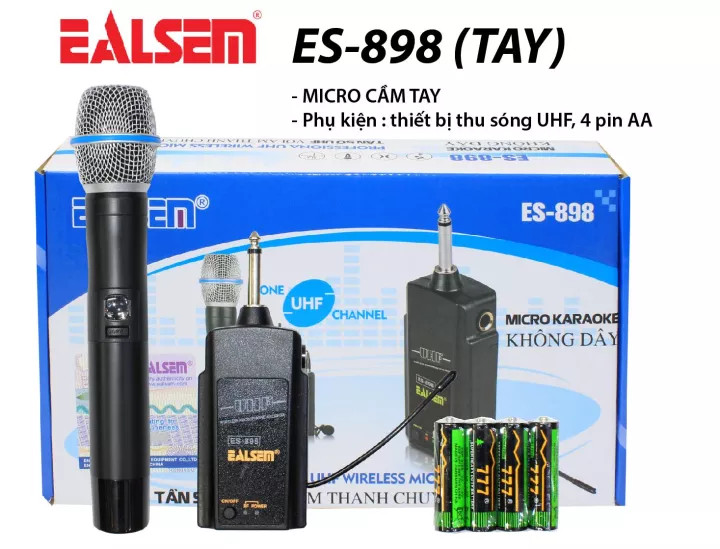 Micro karaoke đa năng không dây cầm tay ealsem ES-898 sử dụng sóng UHF dùng cho loa kéo, amply, vang, mixer
