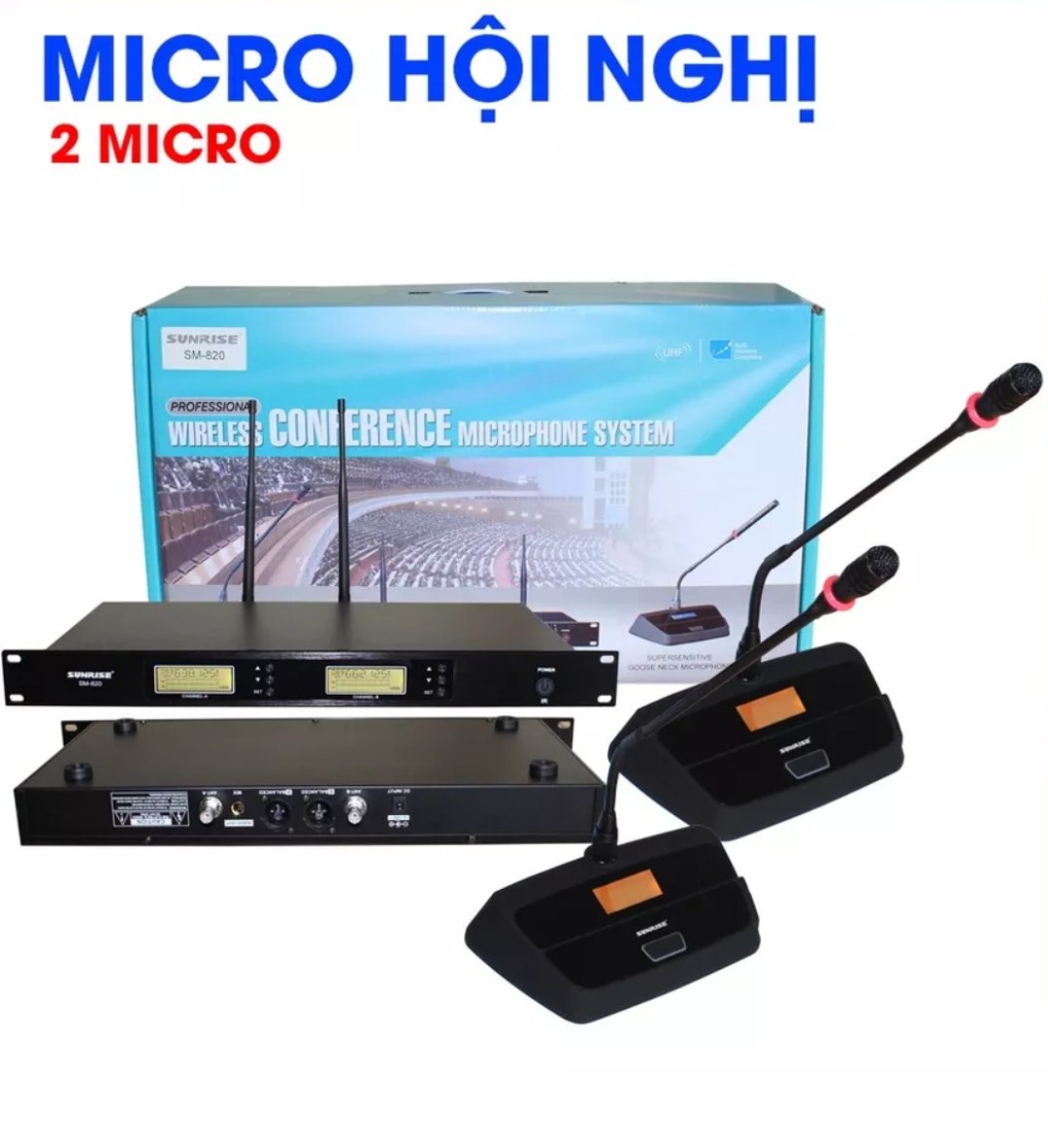Micro hội nghị không dây sunrise sm-820, Bộ 02 micro cổ ngỗng hộp sóng sử dụng cho phòng họp hội trường