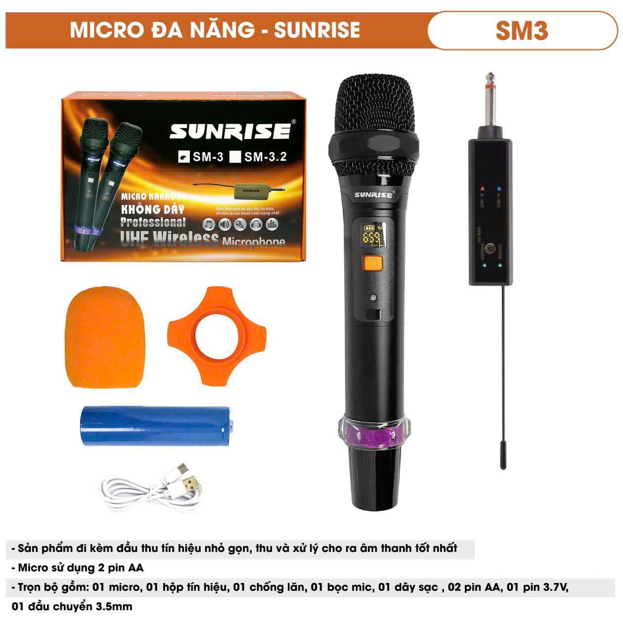 Bộ 1 micro đa năng không dây sunrise SM-3 sử dụng sóng UHF dùng loa kéo, amply, vang