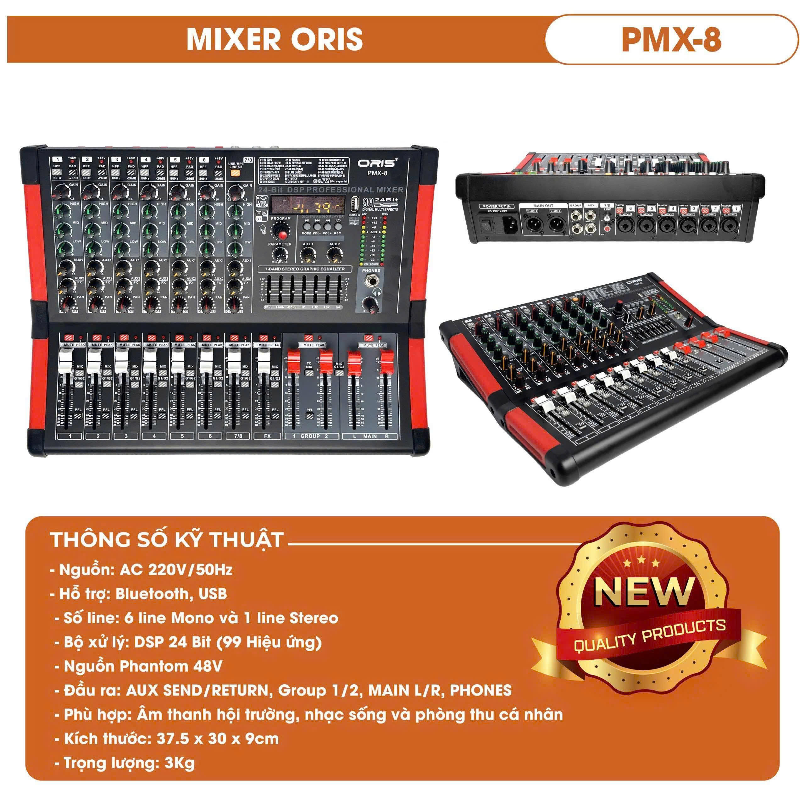 Mixer ORIS PMX8 - (6 Mono/1 Stereo), Có Công Suất, DSP 99 Hiệu Ứng, Bluetooth/USB, Phantom 48V