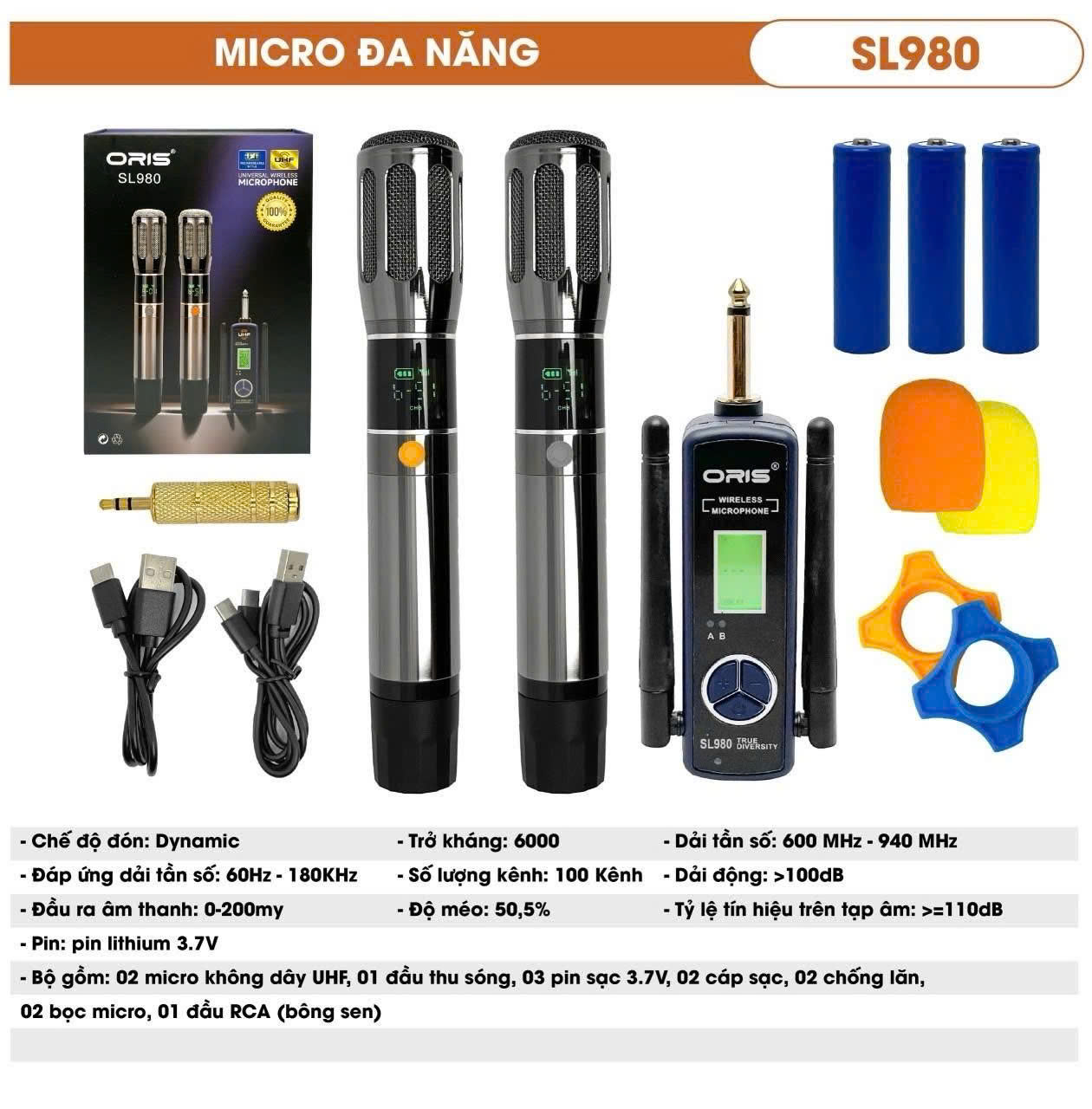 Micro Đa Năng Không Dây ORIS LS980 - sóng UHF chống hú, độ nhạy cao cho loa kéo, amply, mixer