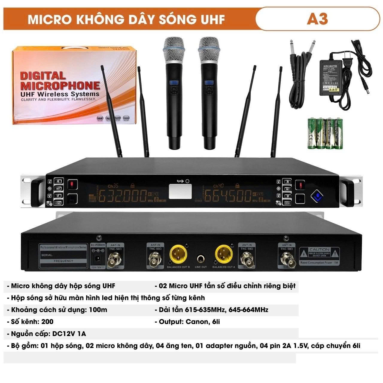 Micro Karaoke không dây chính hãng ORIS A3, mic chống hú hát nhẹ hút giọng 