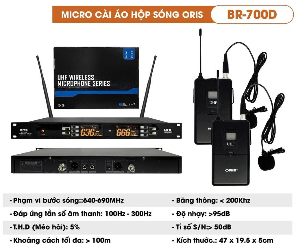 Bộ 2 micro cài áo oris BR-700D sóng UHF sử dụng đầu thu sóng