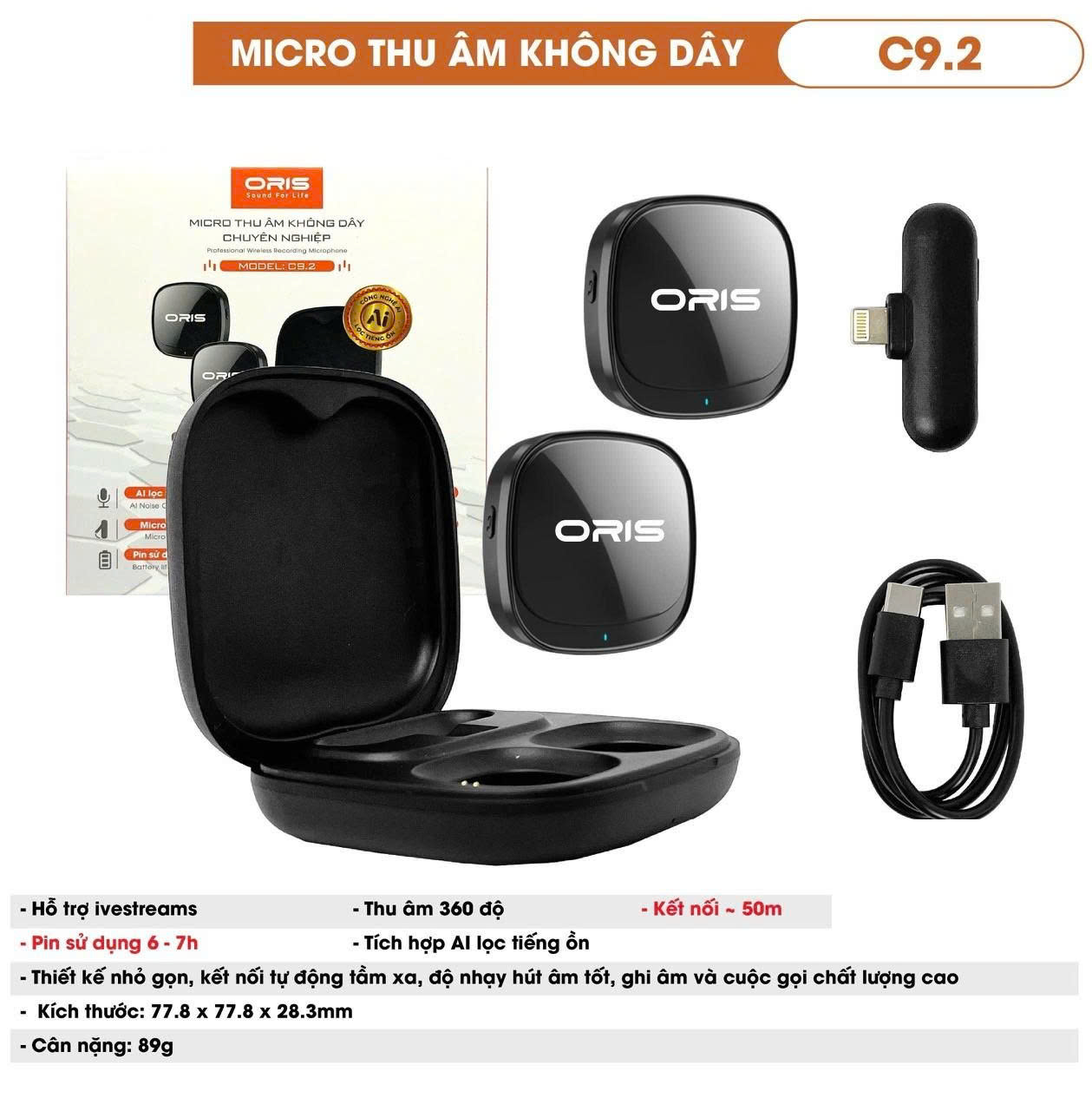 Micro thu âm không dây Oris C9.2 dành cho điện thoại, máy ảnh, PC, Laptop,... cho khả ngăn kết nối xa, bắt âm tốt