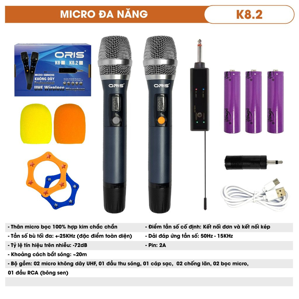 Bộ 2 micro karaoke đa năng không dây oris K8 sử dụng tần số UHF dùng cho loa kéo, amply, vang, mixer