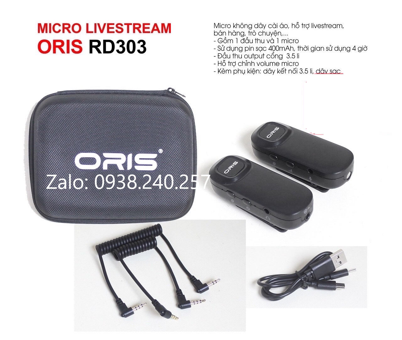 Micro cài áo thu âm livestream không dây Oris RD303 dùng cho điện thoại, máy ảnh, khả năng bắt âm thanh chính xác