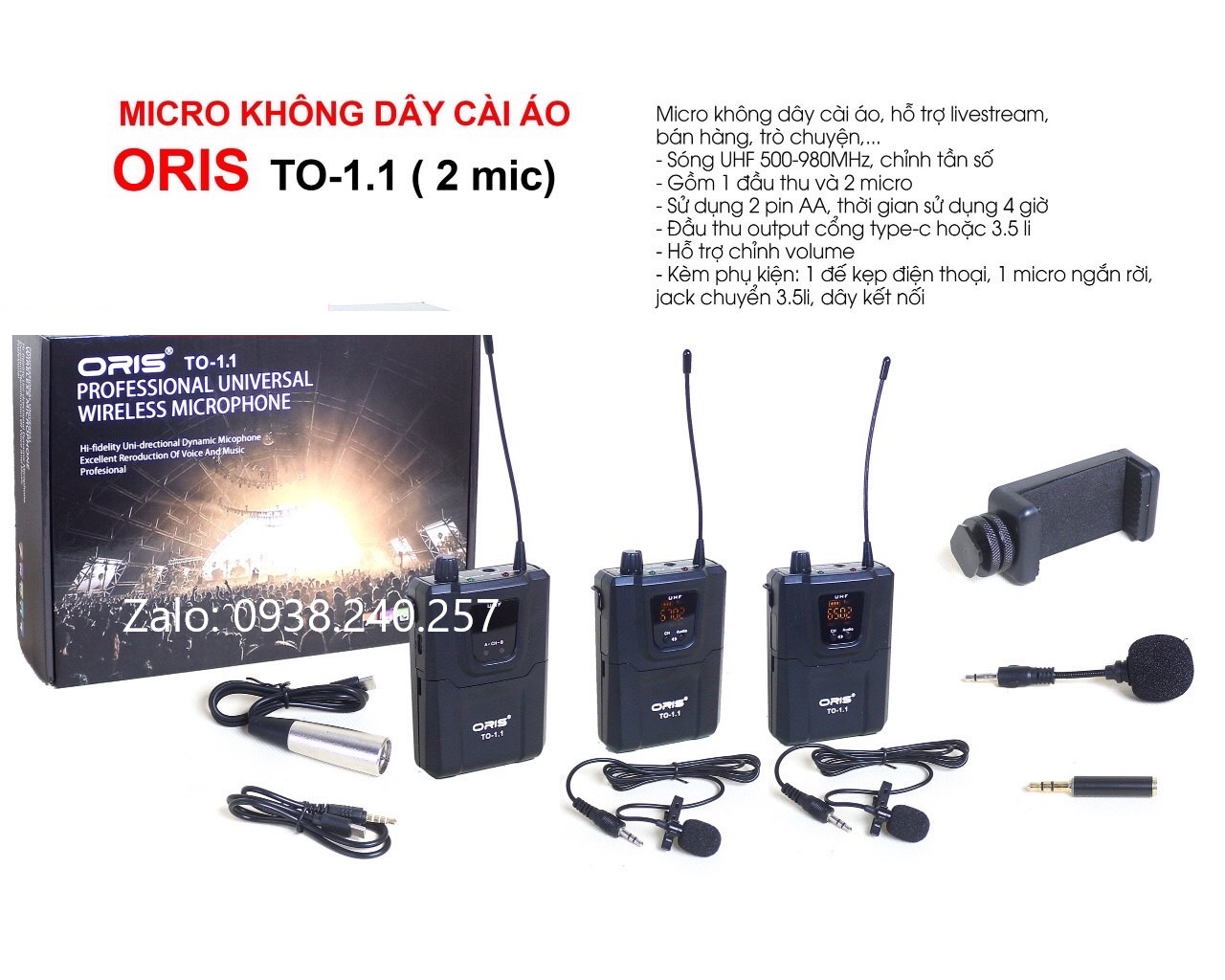 Micro không dây cài áo oris TO-1.1 ( 2 mic) hỗ trợ livestream, bán hàng, lọc tạp âm tốt, âm thanh trung thực